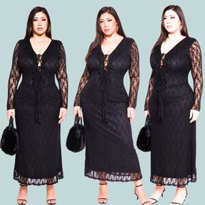 NEW NWT Curvy Plus 1X, 3X Black Lace Sexy Tie Bodice Maxi Dress Party Ready